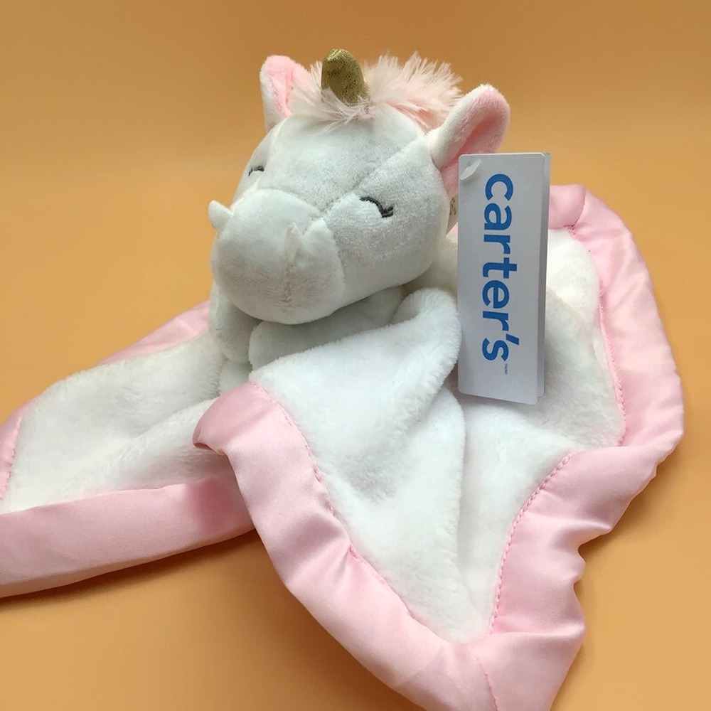 Carter's White Unicorn Security Blanket Baby Girl Lovey Satin Trim Plush
